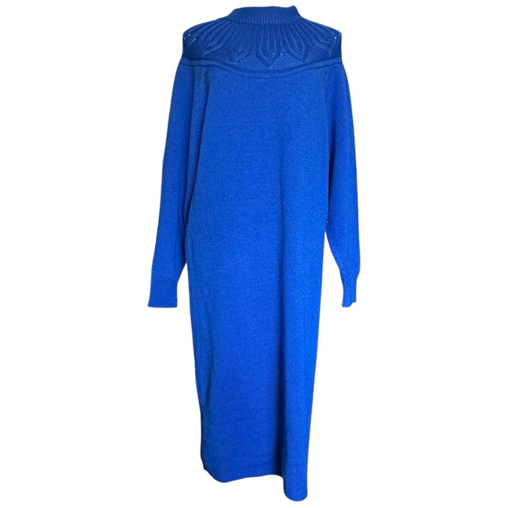 Vintage Just-Nort Blue Knit Sweater Dress Large Long Sleeve Ribbed‎ Yoke Midi